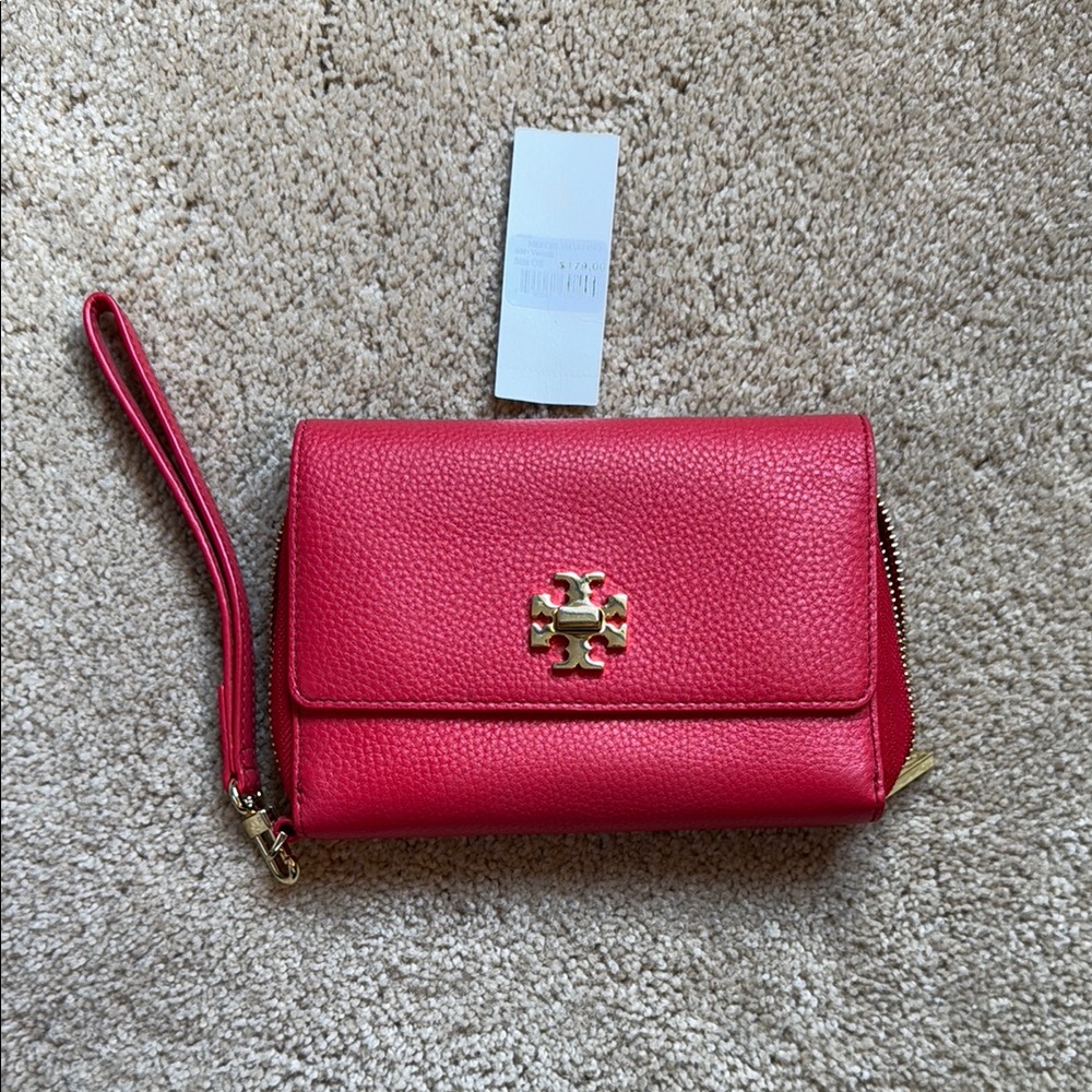 Tory Burch Mercer Vibrant coral/red Wristlet with Gold Accents